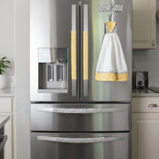 Geometric Refrigerator Handle Covers - Grey and White on modern refrigerator with accessories.