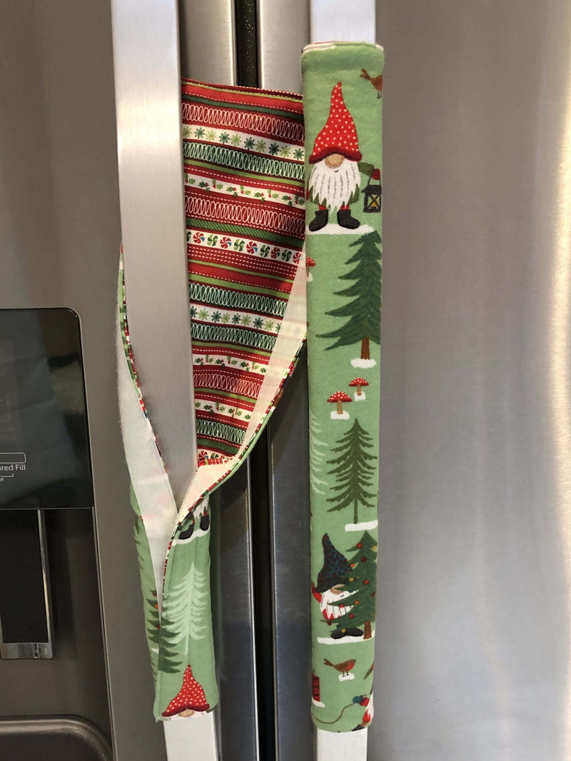 Gnomes on The Green Christmas Appliance Handle Covers on refrigerator handles in festive colors and designs.