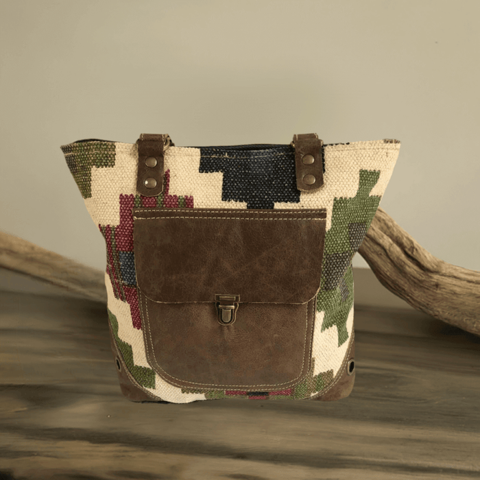 Multi Color Canvas Tote With Leather Front Pocket