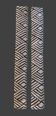 Geometric refrigerator handle covers in grey and white, reversible design showcasing a stylish pattern.