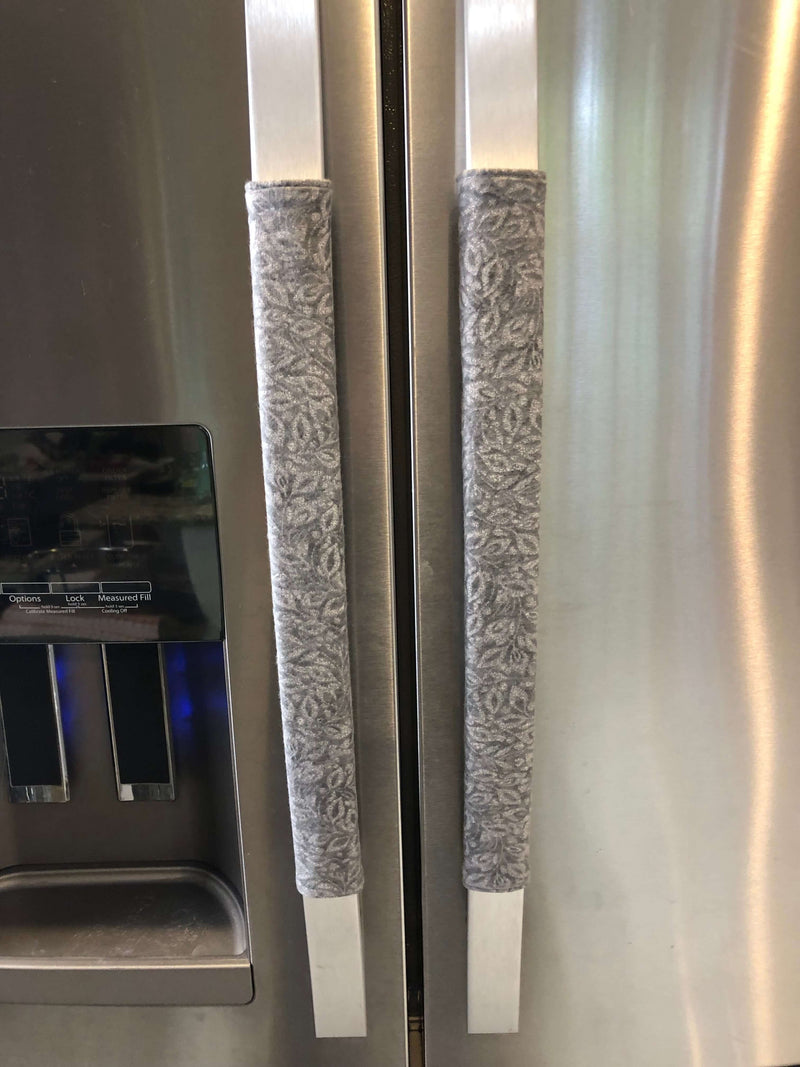 Grey Leaf Motif Appliance Handle Covers on stainless steel refrigerator handles