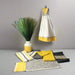 Grey yellow and white ceramic vase featuring decorative textiles and kitchen towels for modern home decor.