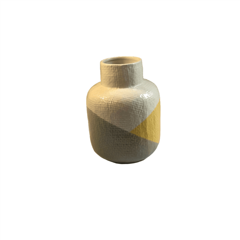 Grey yellow and white ceramic vase - cylindrical shape, modern decor piece for home or office.
