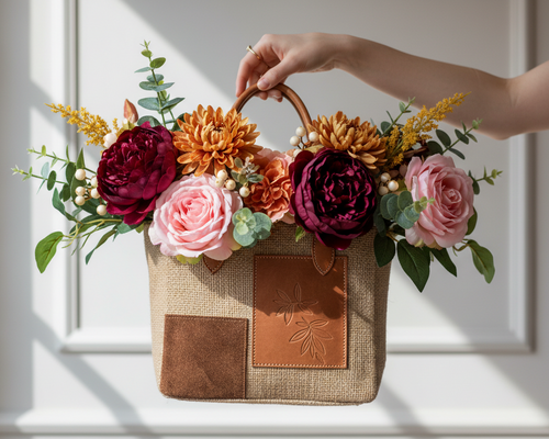 Hand holding a bag filled with vibrant artificial flowers from our best-selling products boutique.