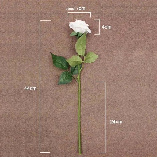 Latex real-touch artificial rose with detailed measurements and realistic design on a brown background.