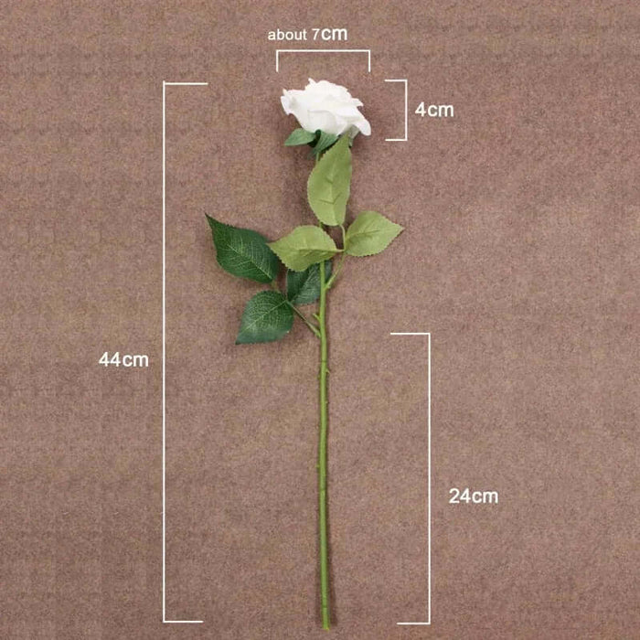 Latex real-touch artificial rose with detailed measurements and realistic design on a brown background.