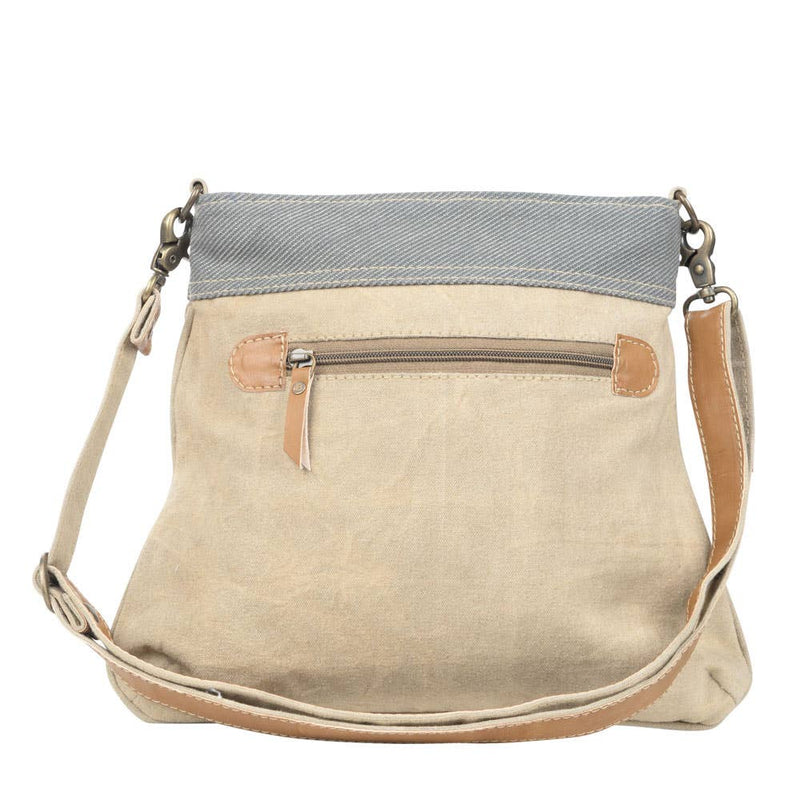 Mixed Canvas Crossbody Bag with adjustable strap and zippered pockets, ideal for stylish and practical everyday use.