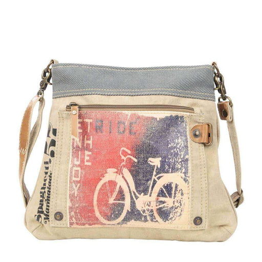 Mixed Canvas Crossbody Bag featuring a bicycle print, adjustable strap, and front zipper pocket, perfect for stylish organization.