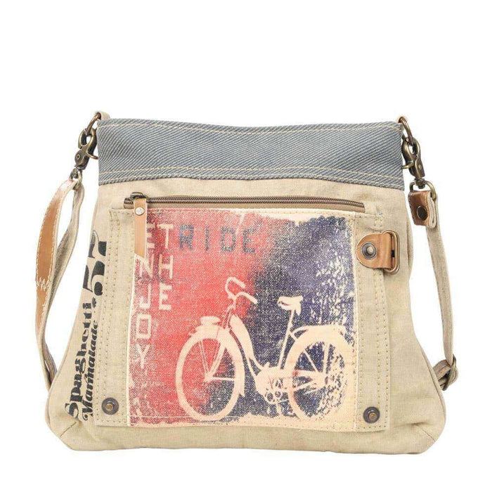 Mixed Canvas Crossbody Bag featuring a bicycle print, adjustable strap, and front zipper pocket, perfect for stylish organization.