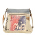 Mixed Canvas Crossbody Bag featuring a bicycle print, adjustable strap, and front zipper pocket, perfect for stylish organization.