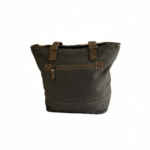 Multi Color Canvas Tote Bag With Leather Pocket featuring a stylish design and practical zipper pocket for everyday use.