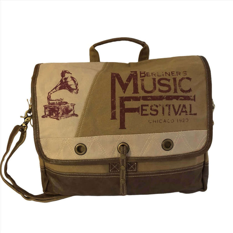 Music Festival Messenger Bag with vintage gramophone design, eco-friendly materials, perfect for festivals.