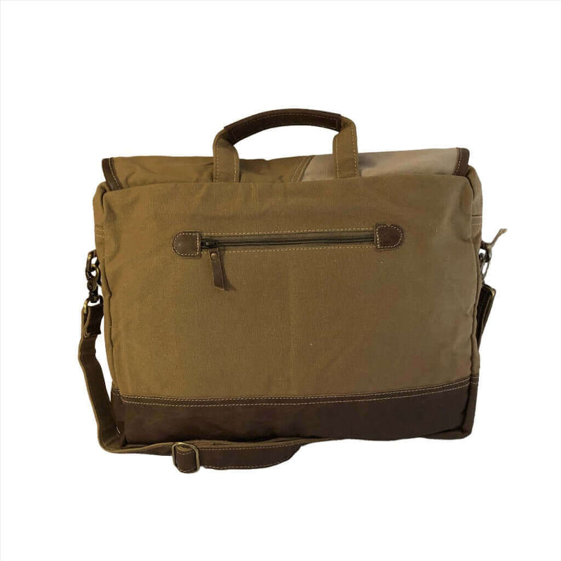 Music festival messenger bag featuring eco-friendly upcycled design in stylish brown canvas and leather.