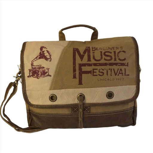 Music Festival Messenger Bag with vintage gramophone design, eco-friendly materials, perfect for festivals.