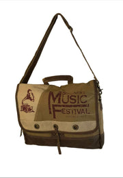 Music festival messenger bag in brown and tan with vintage design and adjustable strap for comfort.