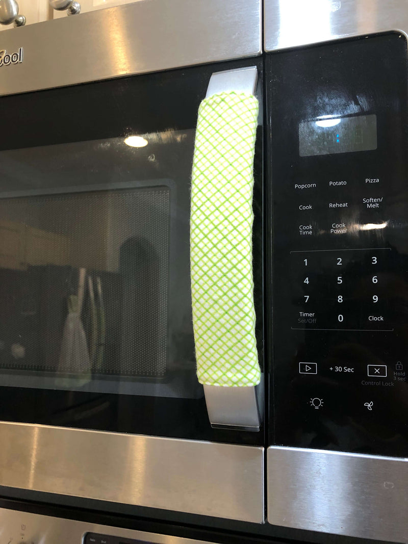 Pastel Mint Green & Lemon Print-Reversible Refrigerator Handle Covers on microwave handle