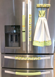 Pastel Mint Green & Lemon Print-Reversible Refrigerator Handle Covers adding style to a modern kitchen.