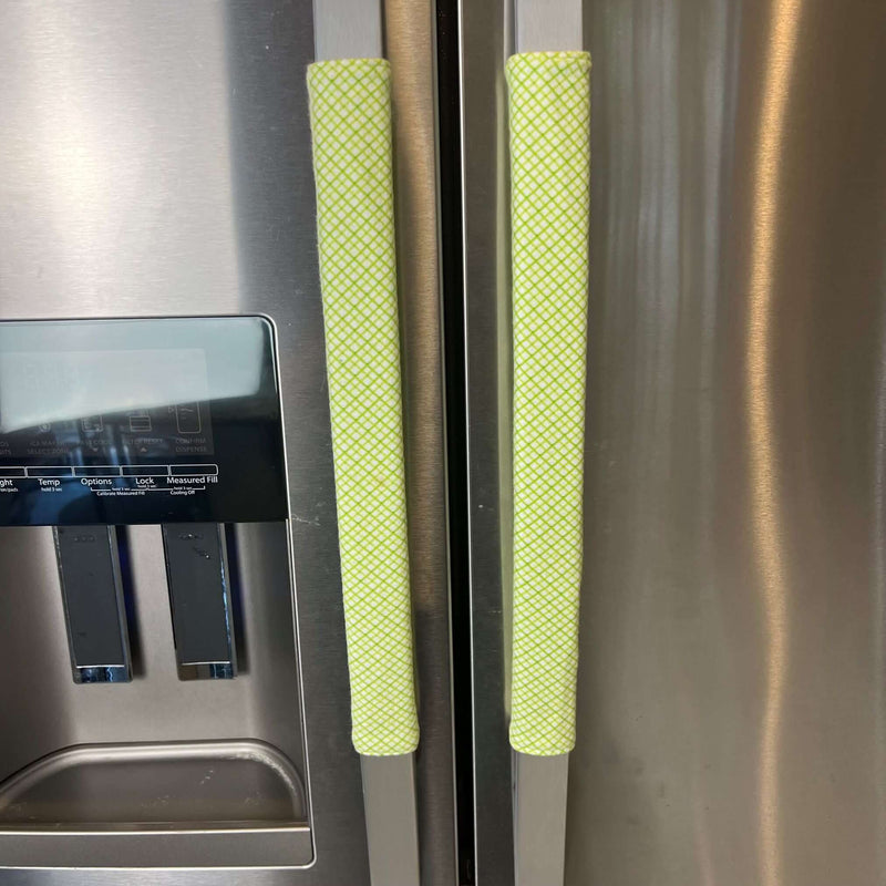Pastel Mint Green & Lemon Print-Reversible Refrigerator Handle Covers on stainless steel refrigerator