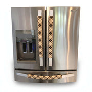 Stainless steel refrigerator with plaid handle covers