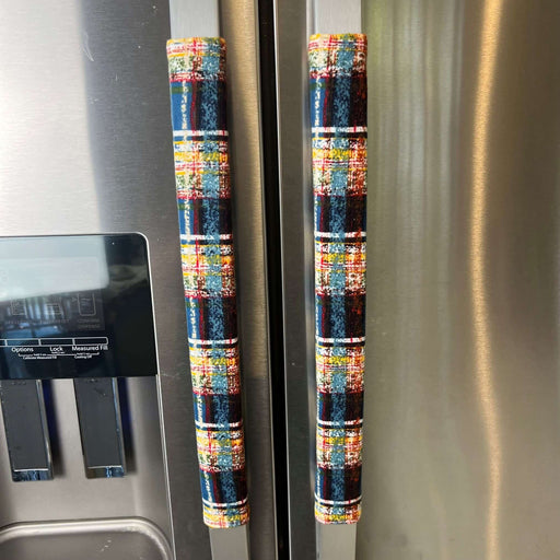 Plaid Reversible Refrigerator Door Handle Covers protecting stainless steel fridge handles with colorful plaid design.