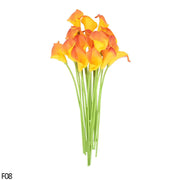 Real-touch calla lily artificial flowers in vibrant orange and yellow, 10 pcs arranged for elegant decor and events.