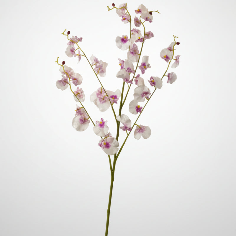 Artificial dancing lady Orchid flower branch on a white surface