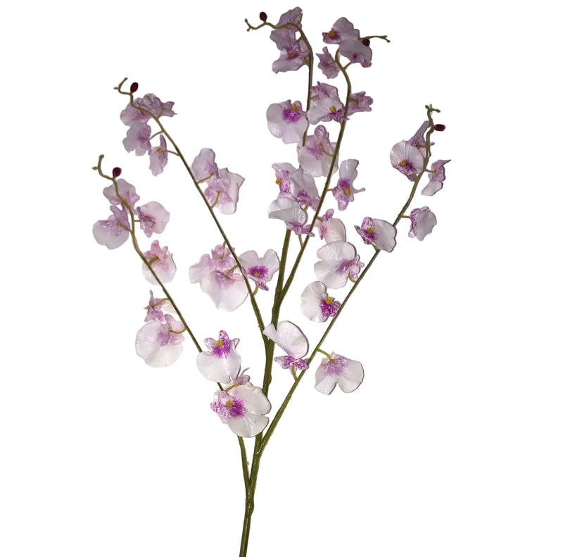 Artificial dancing lady orchid branch on a textured white background
