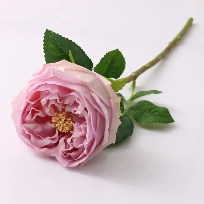 Real Touch Royal Peony Artificial Stem with full bloom and green leaves on a white background.