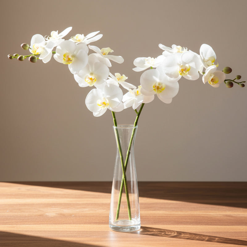 White artificial orchids in a clear vase  on a gray background