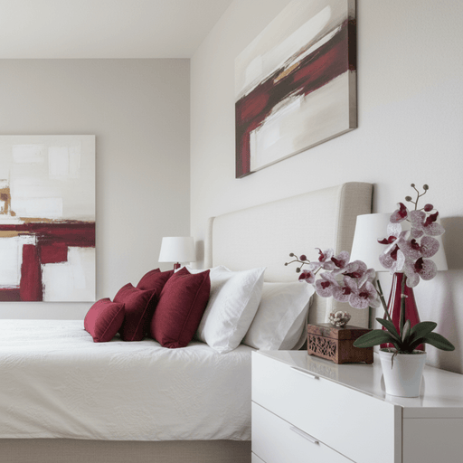 Faux Potted orchid with white and wine colored flowers on a white surface against a gray wall.