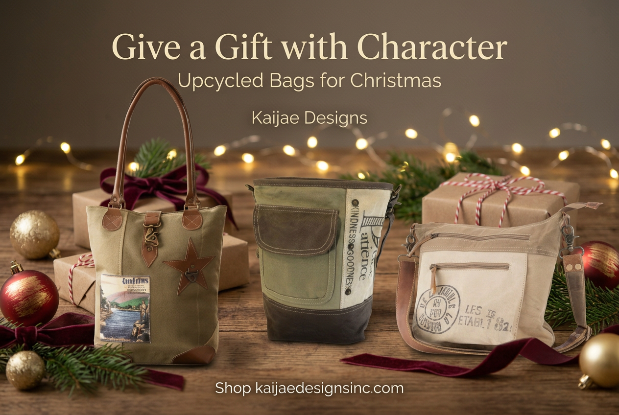Rectangular Christmas promotion for Kaijae Designs upcycled bags