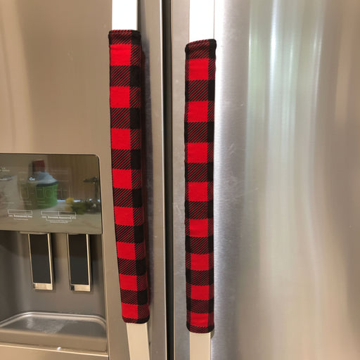Red and Black Buffalo Check Appliance Handle Covers on refrigerator handles, adding farmhouse charm and protection