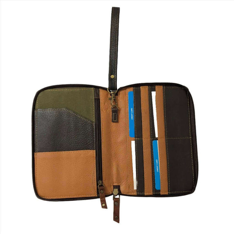 RFID passport utility wristlet open showing interior with credit card slots and zippered pocket.