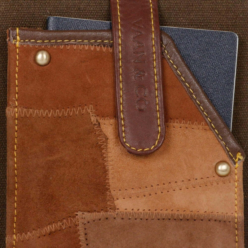 RFID passport utility wristlet featuring upcycled leather, showcasing passport holder and stitching details.