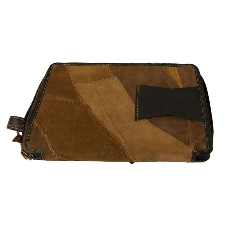 RFID passport utility wristlet in upcycled leather and canvas with zippered pocket and outer flap holder