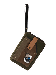 RFID passport utility wristlet in upcycled leather and canvas with multiple slots and wrist strap.