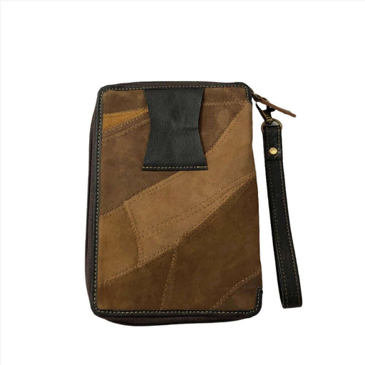 RFID passport utility wristlet made from upcycled leather and canvas with multiple compartments for travel essentials.