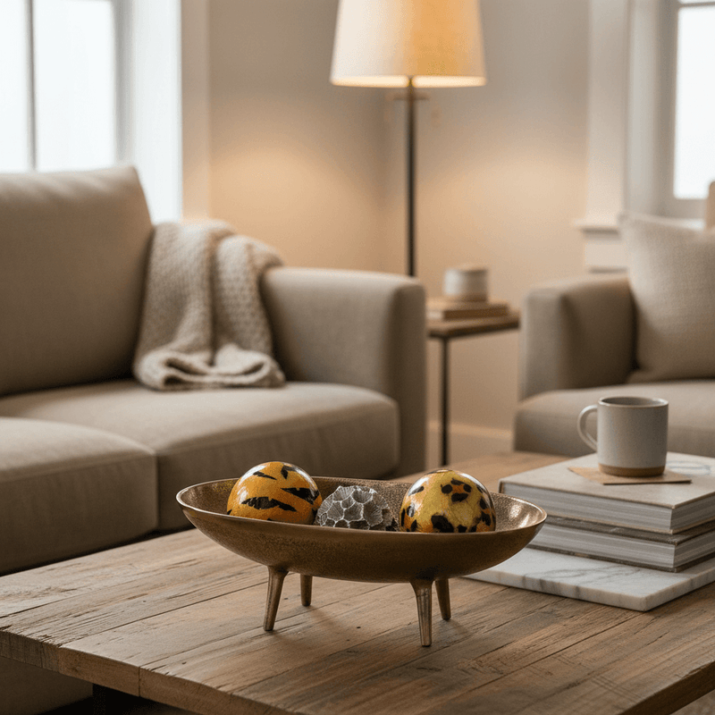 Rustic Brass Cast Iron Decorative Bowl with decorative balls on a wooden coffee table in a cozy living room.