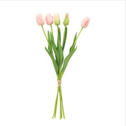 Soft silicone artificial tulip bouquet featuring pink tulips and green leaves, perfect for home decor and events.