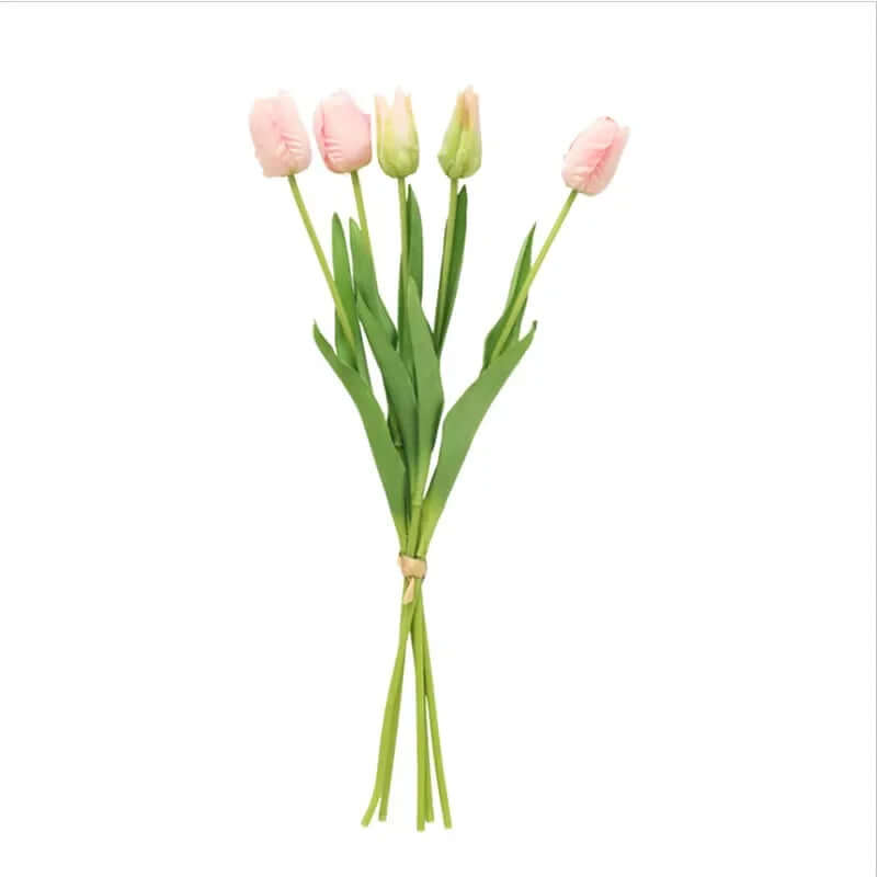 Soft silicone artificial tulip bouquet featuring pink tulips and green leaves, perfect for home decor and events.