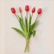 Soft Silicone Artificial Tulip Bouquet featuring vibrant red tulips and green leaves, ideal for home decor and events.