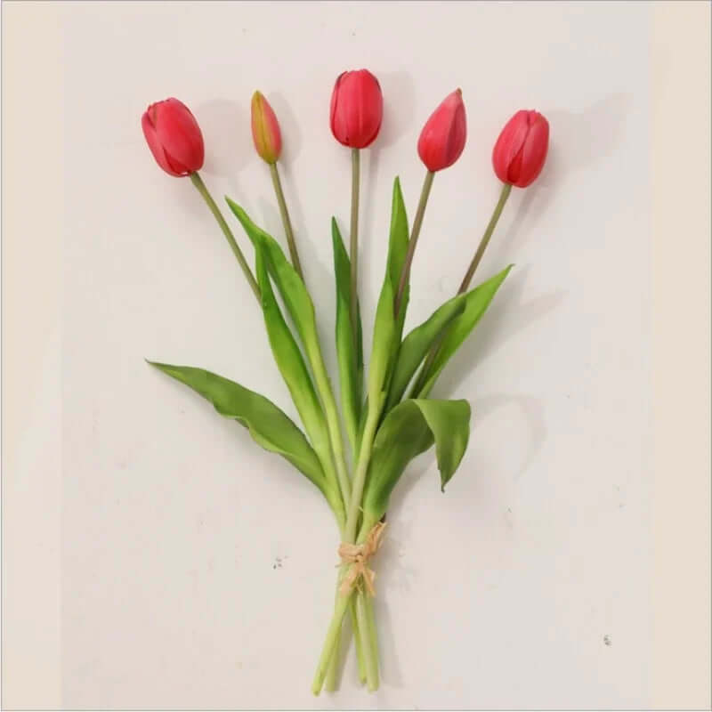 Soft Silicone Artificial Tulip Bouquet featuring vibrant red tulips and green leaves, ideal for home decor and events.