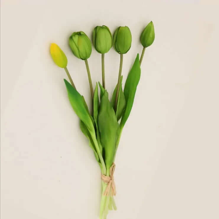 Soft silicone artificial tulip bouquet with green and yellow petals, perfect for home decor and events.