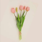Soft silicone artificial tulip bouquet in soft pink and green, perfect for home decor and special occasions.