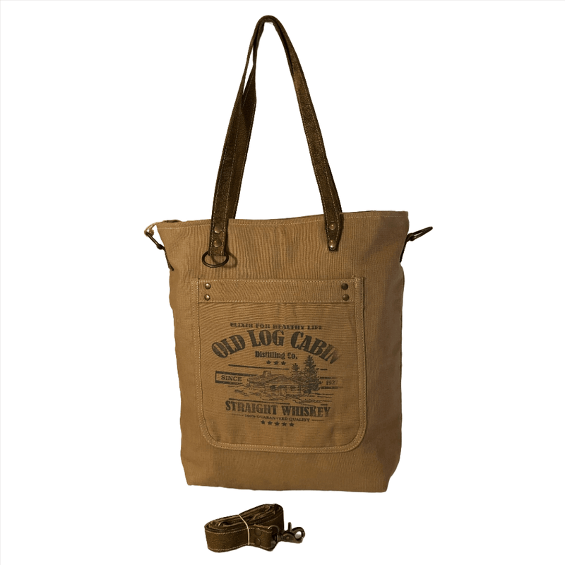 Sustainable canvas tote bag featuring Old Log Cabin design, ideal for everyday use and eco-friendly.