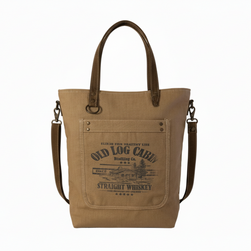 Sustainable canvas tote bag with Old Log Cabin Distilling Co. print, featuring a sturdy design and adjustable strap.