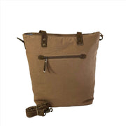 Sustainable canvas tote bag in brown with adjustable strap and back zippered pocket for versatile daily use.