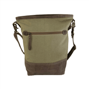 Upcycled canvas and leather crossbody bag in green with adjustable strap and back pocket, ideal for stylish everyday use.
