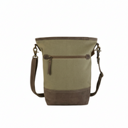 Upcycled Canvas and Leather Crossbody Bag - Peace & Patience in olive green with leather accents and adjustable strap.