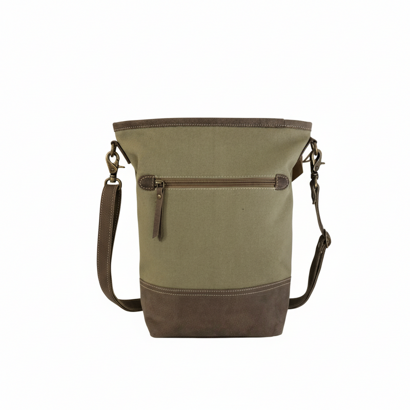 Upcycled Canvas and Leather Crossbody Bag - Peace & Patience in olive green with leather accents and adjustable strap.